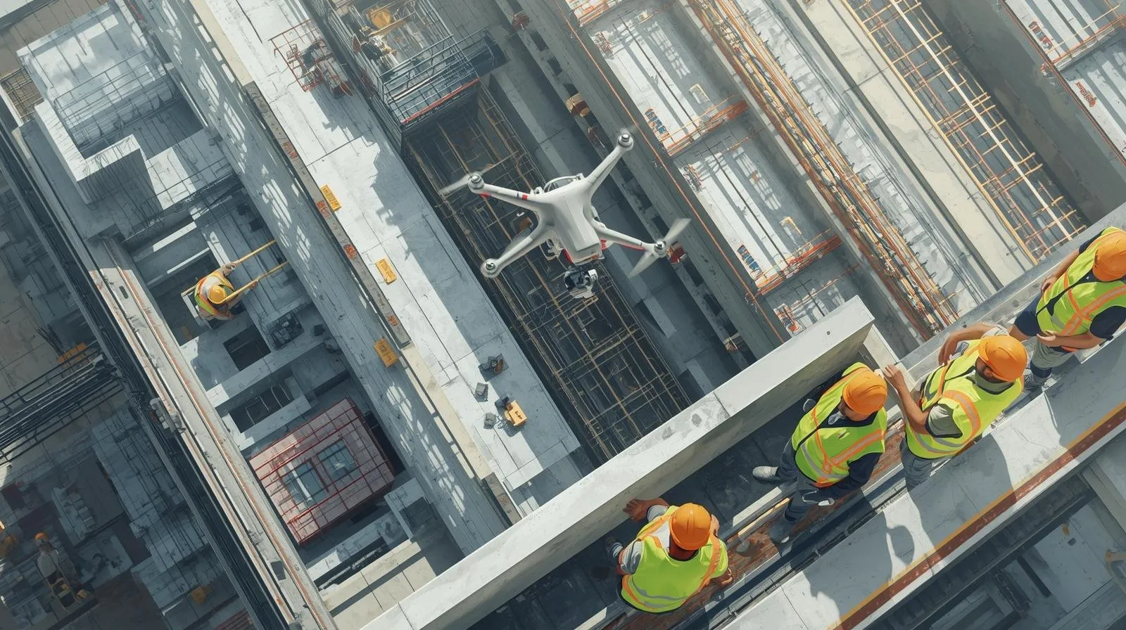 Chantier de construction avec un drone en vol au-dessus, ouvriers en gilet fluorescent
