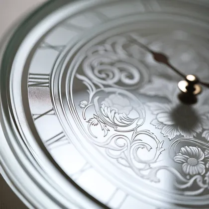 Horloge ancienne en métal avec engravures florales et chiffres romains.