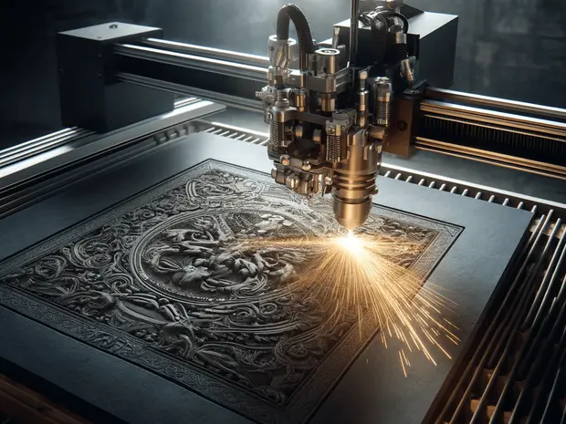 Une machine de gravure laser en action sur une plaque métallique ornée de motifs complexes, avec des étincelles sortant du point de contact.
