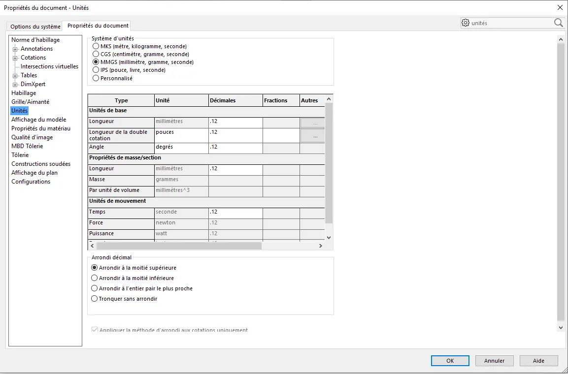 Définition des unités de mesure sur SolidWorks