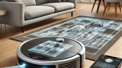 Une maison intelligente avec un robot aspirateur qui cartographie un plan en 3D sur un tapis, contrôlé par une application mobile.
