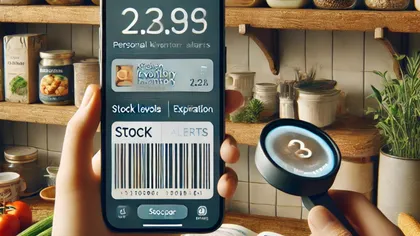 Une main tient un smartphone avec une application de scan de code-barres, dans une cuisine, un autre main tient une lampe LED. En arrière-plan, des étagères avec des bocaux et des plantes.