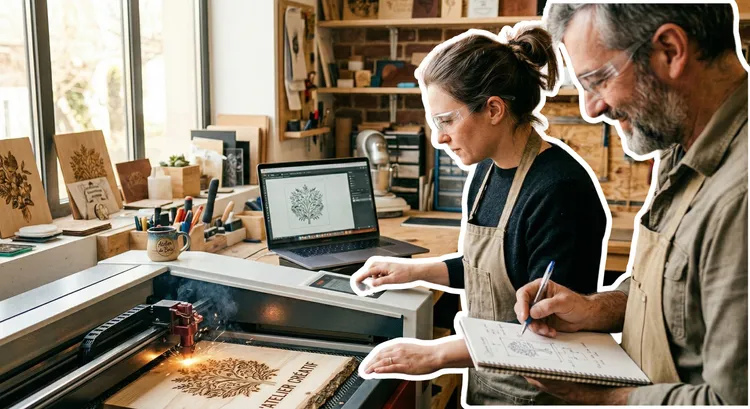 Atelier de création : gravure laser d'un motif d'arbre sur une planche en bois