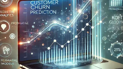 Graphique interactif avec des statistiques, incluant les phrases 'Customer Churn Prediction' et diverses données et icônes numériques