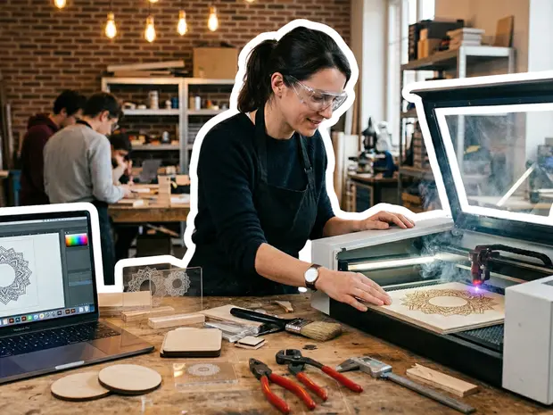 Une femme utilise une machine de gravure laser dans un atelier de travail. Elle porte des lunettes de protection et se concentre sur un design complexe en bois. Sur la table, il y a un ordinateur portable affichant un motif graphique, divers outils, et des pièces de bois.