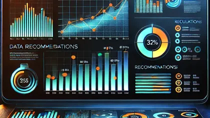 Tableau de bord numérique affichant des graphiques, diagrammes circulaires et recommandations en couleur bleue, orange et noire.