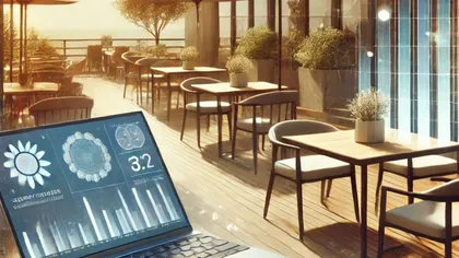 Une terrasse de café ou restaurant avec des tables en bois, des chaises en tissu clair, des plantes en pot, et un ordinateur portable avec un graphique et des chiffres à l'écran.