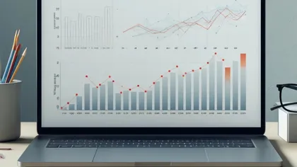 Écran d'ordinateur affichant des graphiques de données, barres et lignes de graphique avec des points rouges, dans un bureau avec une tasse de stylos, une paire de lunettes et une boîte à souris.