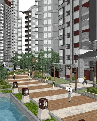 Une cour extérieure dans un complexe résidentiel avec un espace vert, des arbres, une fontaine et des lampadaires en style asiatique. Des personnes se promènent sur un chemin pavé en bois, entouré d'immeubles modernes en arrière-plan.