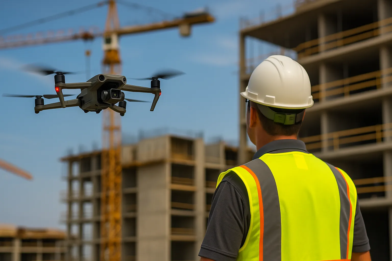 Drone en vol au-dessus d'un chantier de construction
