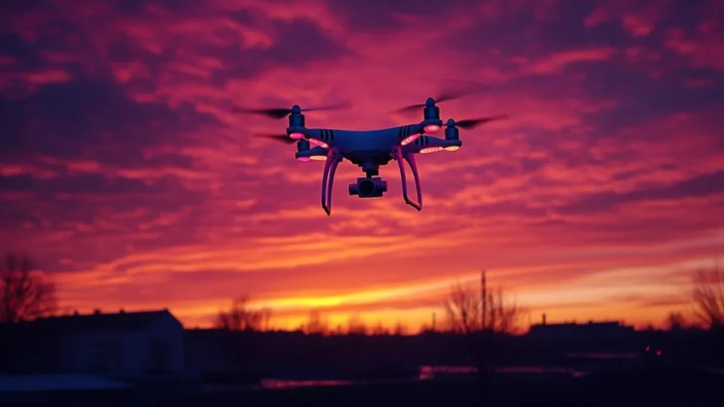 Drone sous un coucher de soleil