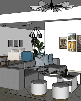 Un salon moderne avec canapé gris, table basse, œuvres d'art sur le mur, bibliothèque en métal, fauteuils, plante d'intérieur, et éclairage suspendu
