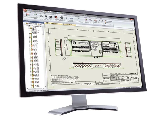 Écran d'ordinateur affichant un dessin technique de composants électriques et un schéma de circuit sous SOLIDWORKS.