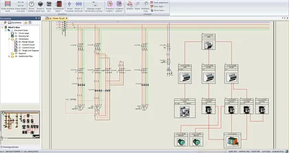 Schéma électrique dans un logiciel de CAO avec divers composants et connexions électriques, comprenant des circuits, moteurs, relais et autres éléments de contrôle.