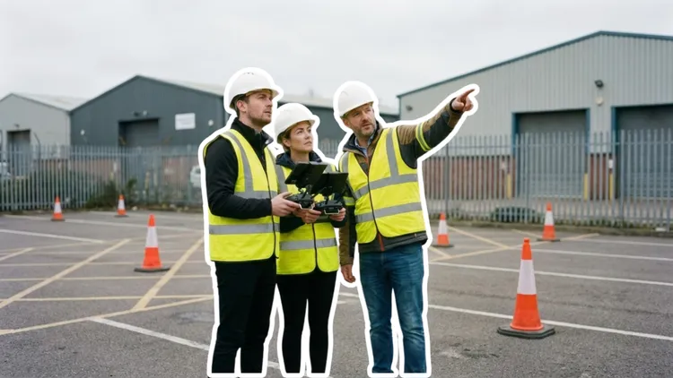 Professionnels en gilets de sécurité discutant devant un site industriel