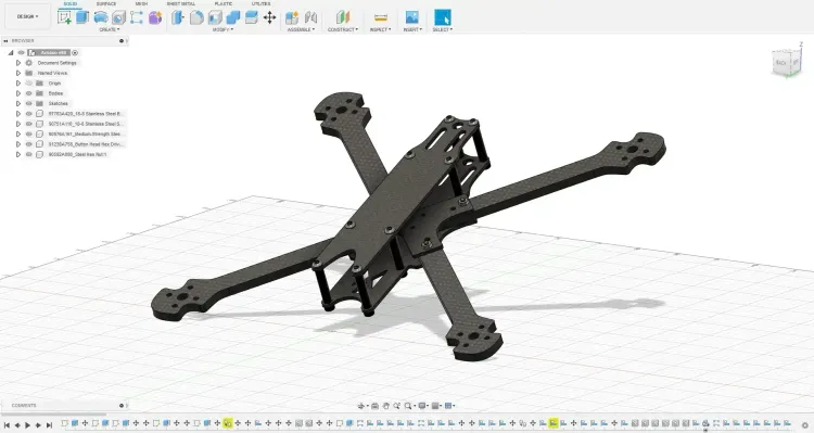 Modèle 3D d'une structure en carbone pour drone conçue sur Fusion 360