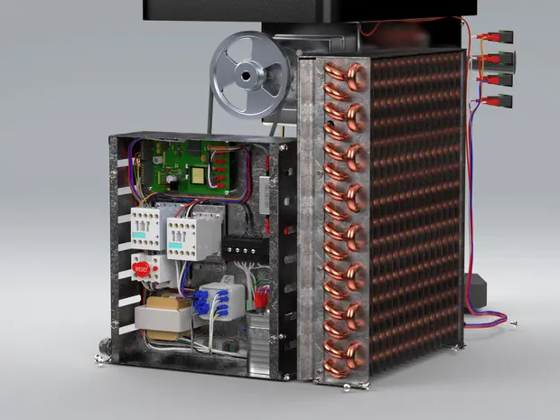 Une image d'un dispositif électronique avec un grand dissipateur de chaleur en aluminium, des bobines en cuivre, une petite carte de circuit imprimé, et divers composants électriques.