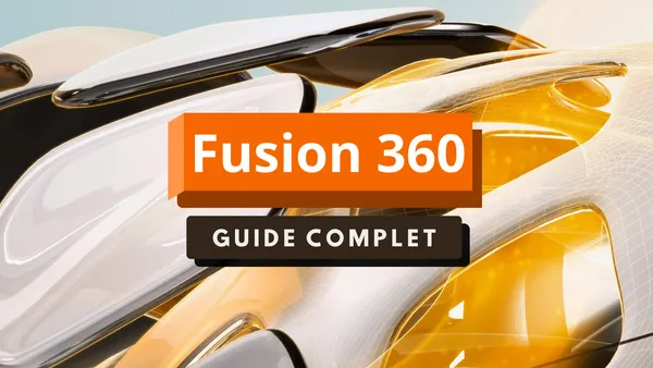 Illustration de segments de fusion d'objets technologiques futuristes avec texte 'Fusion 360' et 'Guide complet' sur le devant