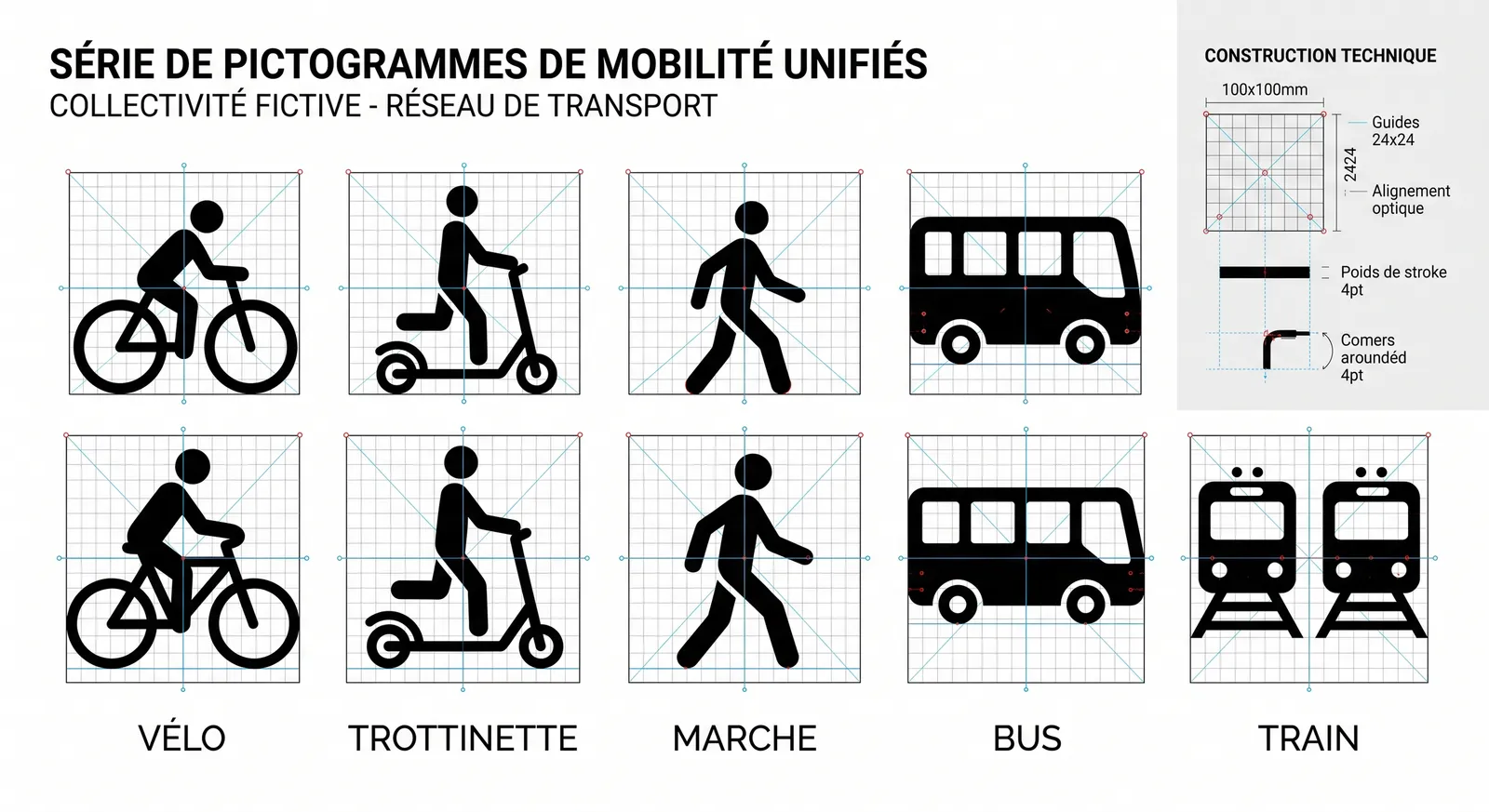 Série de pictogrammes noirs sur fond blanc : vélo, trottinette, marche, bus, train, avec grilles de construction.