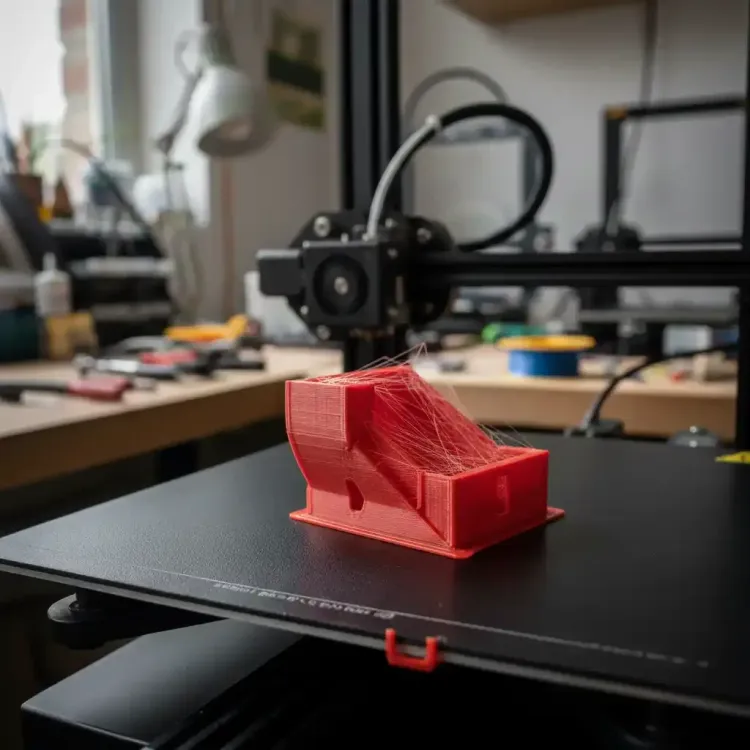 Pièce imprimée en 3D rouge posée devant une imprimante 3D dans un atelier