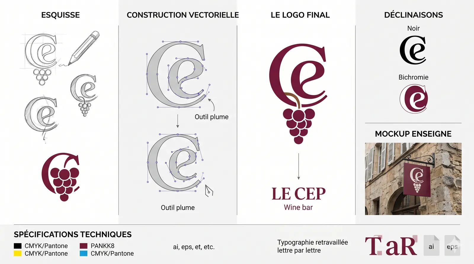 Schéma de création d'un logo de bar à vin : croquis, construction vectorielle, version finale et déclinaisons sur enseigne.