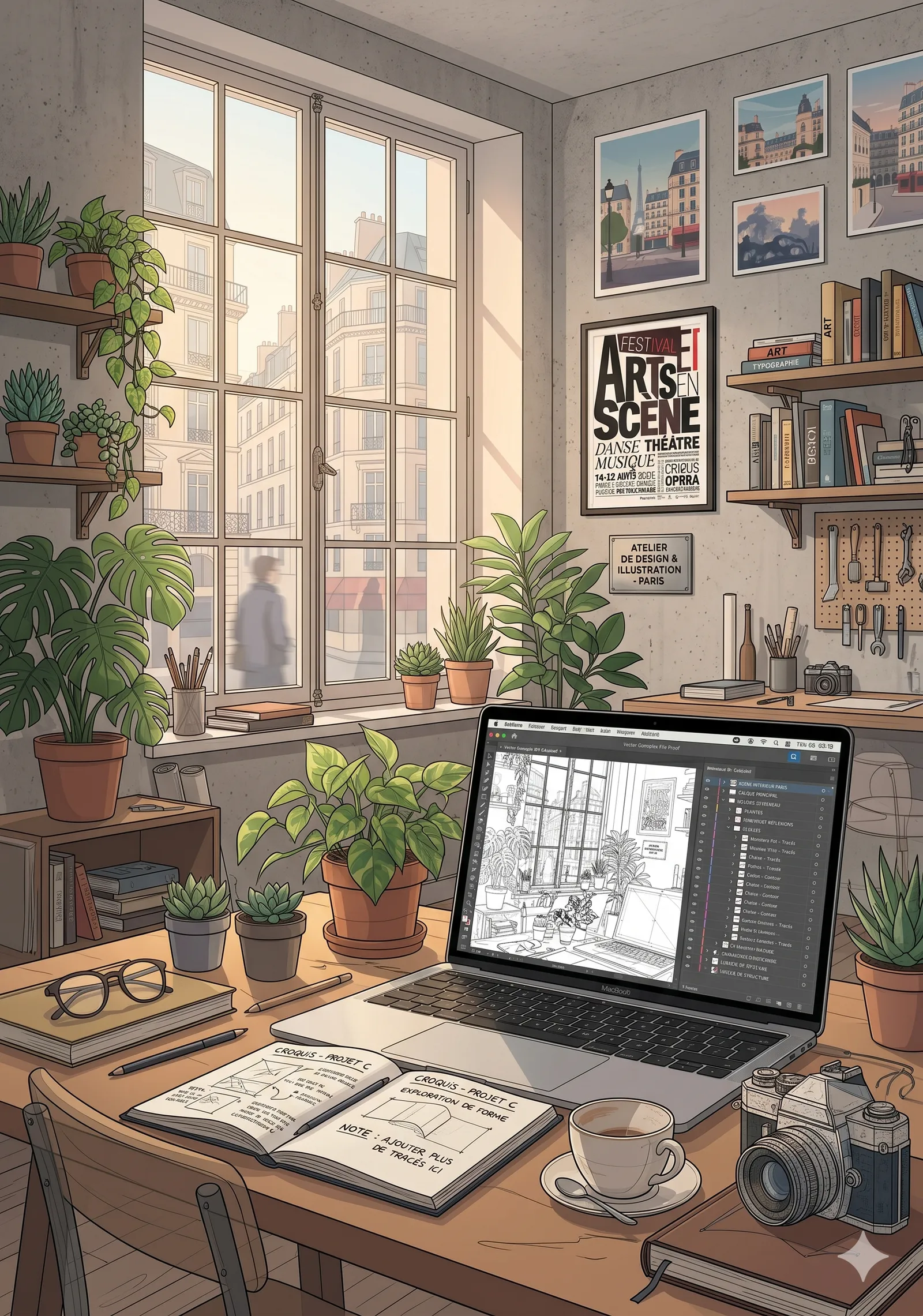 Illustration vectorielle narrative : intérieur de bureau stylisé avec plantes, ordinateur et affiches.