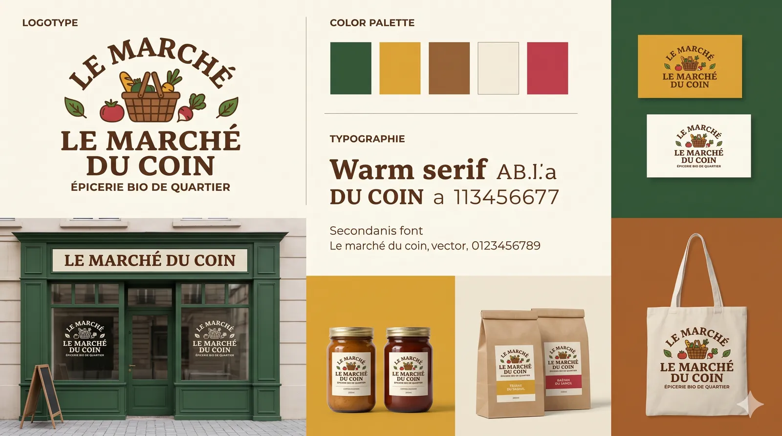 Identité visuelle complète d'une épicerie bio : logo, palette, typographie, façade et sacs kraft.