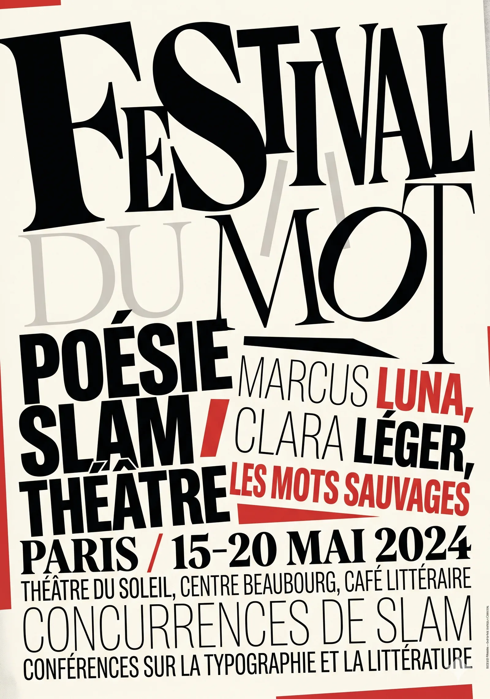 Affiche A2 typographique pour un festival de slam à Paris, composition asymétrique.