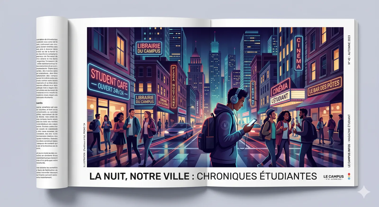 Illustration éditoriale : scène de rue urbaine de nuit avec néons, entièrement vectorielle.