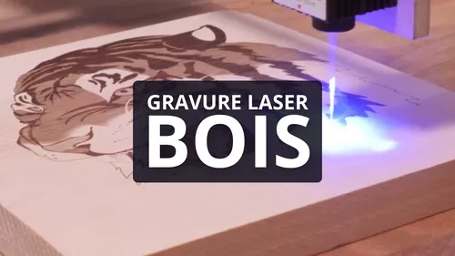Portrait de tigre gravé au laser sur une planche de bois.