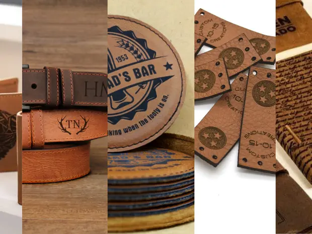 Collection de produits en cuir, comprenant des ceintures, des porte-documents, des sous-verres, des marque-pages et des accessoires de bureau, tous en cuir brun de différentes textures et finitions.