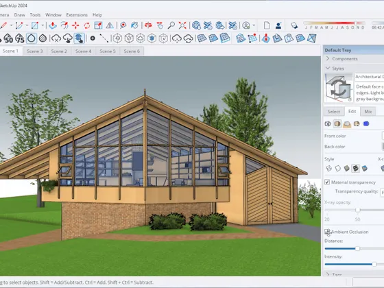 Une maquette numérique d'une maison moderne avec une structure en bois, des murs en verre, un toit en pente, située dans un espace vert avec des arbres.