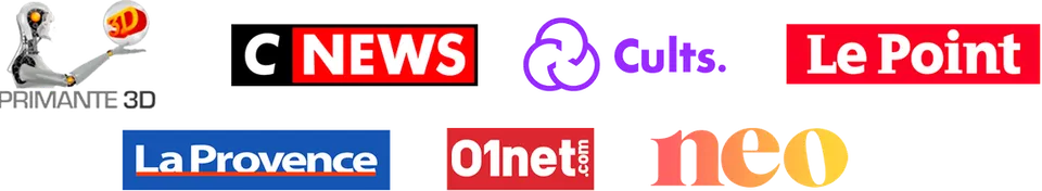 Un collage de logos de divers sites de médias et de presse, incluant PRIMANTE 3D, C NEWS, Cults., Le Point, La Provence, 01net.com, et neo.