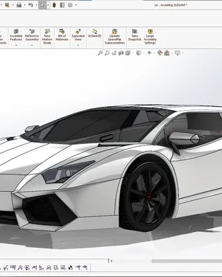 Modélisation 3D d'une voiture de sport blanche dans SOLIDWORKS.