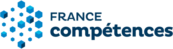 Logo avec des hexagones bleus formant un motif, et le texte 'France compétences'