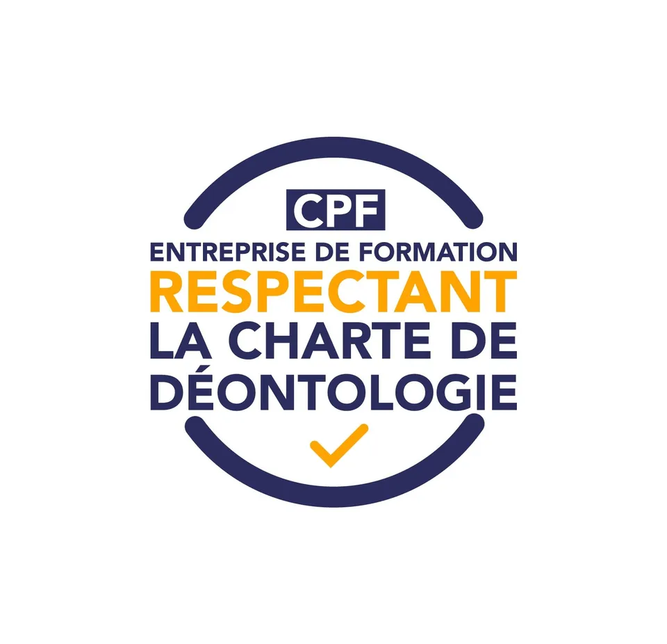 Logo d'une entreprise de formation respectant la charte de déontologie avec texte en français