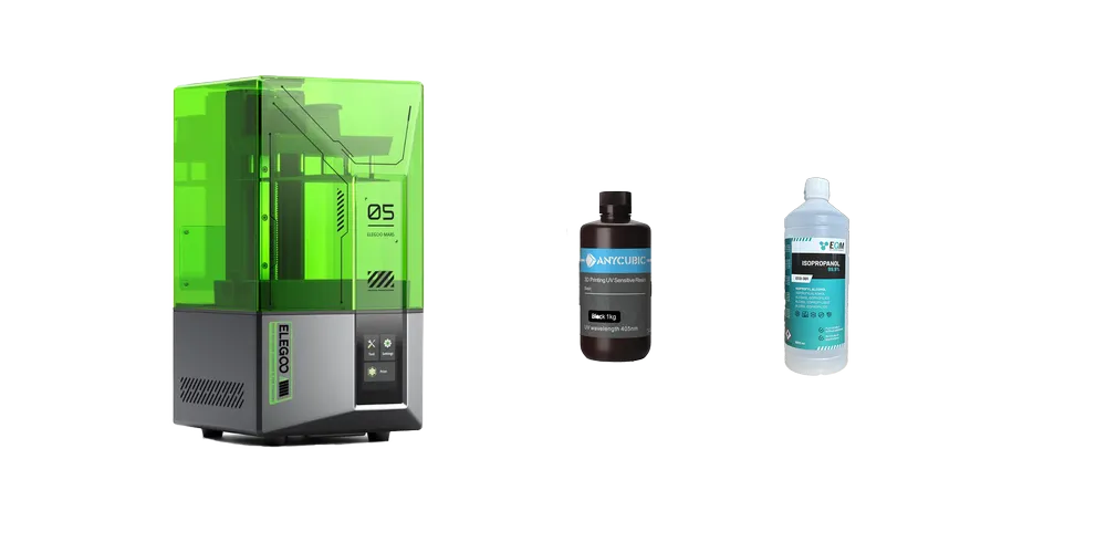 Imprimante 3D résine, flacon de résine et alcool de nettoyage sur un poste de travail