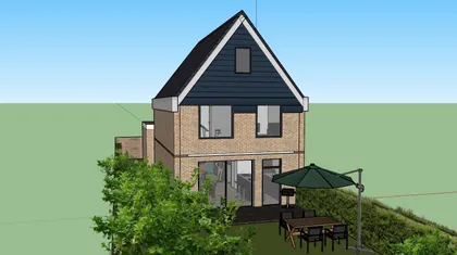 Modèle 3D d'une maison à deux étages avec toit en pente, façade en briques, fenêtres modernes, terrasse arrière avec table, chaises, parasol et jardin avec haies et arbres.