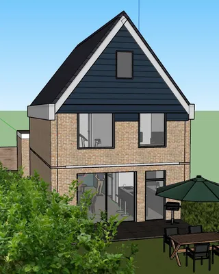 Modèle 3D d'une maison à deux étages avec façade en briques, fenêtres, terrasse avec parasol et mobilier, jardin avec arbres et buissons, sous un ciel bleu