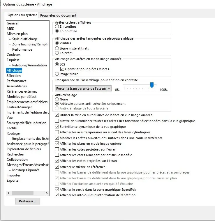 Modification qualité d'affichage SolidWorks