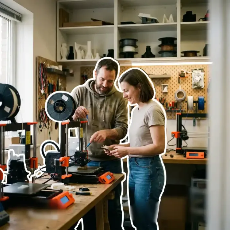 Deux personnes travaillant sur une imprimante 3D dans un atelier