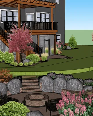 Représentation graphique d'un jardin paysager avec une maison à deux étages, des arbres en fleurs roses et un espace de détente avec des fauteuils et un foyer.
