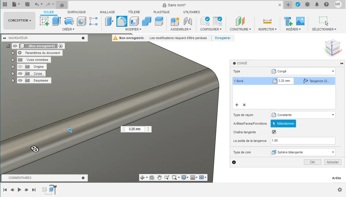 Outil congé fusion 360