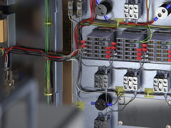 C'est une image d'un panneau électrique avec divers composants électriques, fils, relais et contacts.