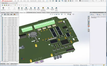 Un circuit imprimé électronique avec plusieurs composants, y compris des connecteurs verts, des condensateurs, des résistances, et un dissipateur thermique dans le logiciel SOLIDWORKS.