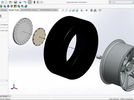 Modèle 3D d'une roue de skateboard avec ses composants, dont une jante, un pneu en caoutchouc noir, un disque de frein, et un moyeu, affichés dans le logiciel SOLIDWORKS.