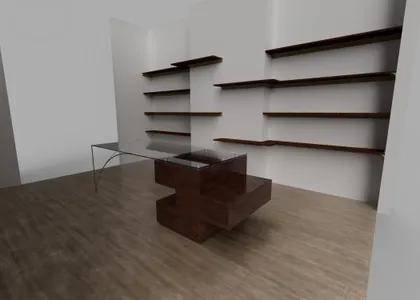 Une pièce vide avec des étagères en bois fixées sur un mur blanc et un meuble en bois avec une surface en verre.