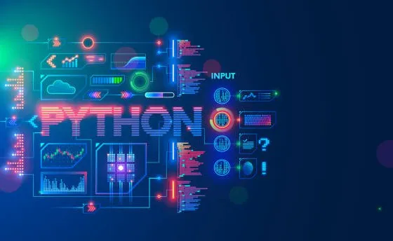 Illustration numérique avec le mot 'Python' en gros caractères, entourée d'éléments graphiques technologiques, de graphiques, de codes, et de symboles liés à la programmation et à l'intelligence artificielle.