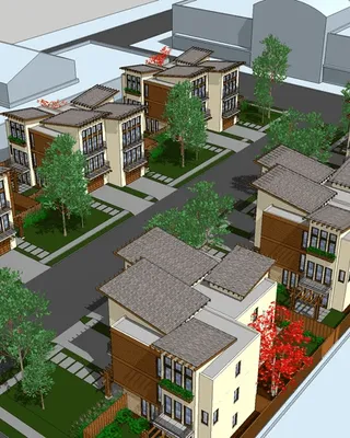 Un plan architectural d'un lotissement résidentiel avec plusieurs maisons modernes, arbres et rues piétonnes