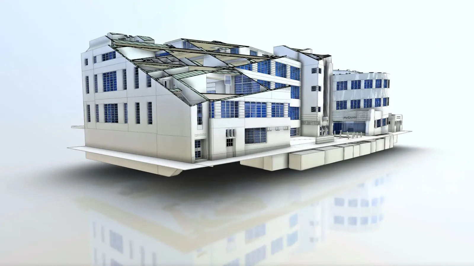 Modèle 3D d'un bâtiment moderne avec plusieurs niveaux et fenêtres en verre, vu de côté sur fond blanc.